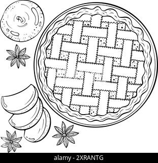 Vue de dessus de la tarte aux pommes dessin au trait Illustration de Vecteur