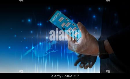 Téléphone intelligent chatbot, concept de communication d'intelligence artificielle. C’est une nouvelle tendance dans la communication B2C en utilisant l’IA conversationnelle. Automatiquement R Banque D'Images