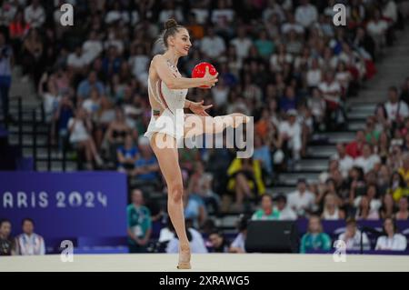 09 août 2024 : Boryana Kaleyn (Bulgarie) participe à la finale individuelle le jour 14 des Jeux Olympiques à la Chapelle Arena, Paris, France. Ulrik Pedersen/CSM. (Crédit image : © Ulrik Pedersen/Cal Sport Media) Banque D'Images