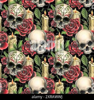 Crânes humains avec un ornement, roses rouges, bougies et toiles d'araignée. Illustration aquarelle dessinée à la main pour Halloween, jour des morts, Dia de los muertos Banque D'Images