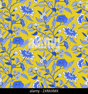 Modèle sans couture avec motifs monochromes chinois bleu dessinés à la main Illustration de Vecteur