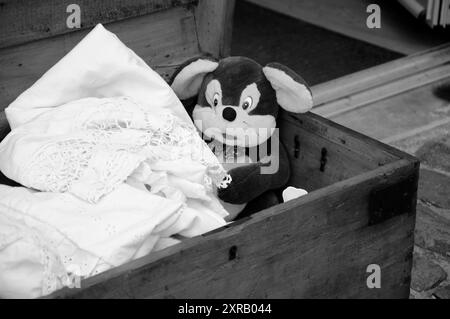 Ancienne dentelle en coffre en bois et jouet souris en peluche vintage à l'entrée d'un magasin d'antiquités en France. Photo vieillie. Noir et blanc. Banque D'Images