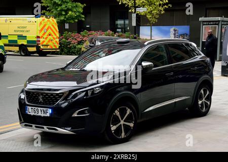 Divers véhicules du London Ambulance Service et de la London Fire Brigade étaient présents sur le site de construction de Riverscape sur Royal Crest Avenue à Silvertown, London Borough of Newham, E16, le 7 août. Le LFB a envoyé une unité de commandement ainsi que d'autres véhicules spécialisés. Banque D'Images