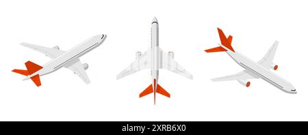 Ensemble avion de passagers. Collection d'avions volants. Vue de dessus de l'avion, vues de décollage et d'atterrissage. Transport aérien eps graphique isolé Illustration de Vecteur