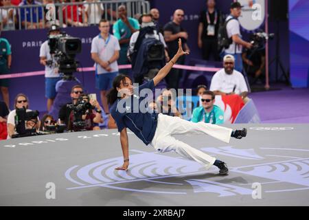 PARIS, FRANCE. 9 août 2024. Syssy de Team France participe au tournoi à la ronde B-Girls le quatorzième jour des Jeux Olympiques de Paris 2024 sur la place de la Concorde, Paris, France. Crédit : Craig Mercer/Alamy Live News Banque D'Images