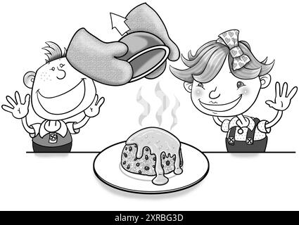 Art noir et blanc, enfants d'âge préscolaire cuisiner ensemble, apprendre à cuisiner, faire un pudding à la vapeur à l'éponge, pudding à la mélasse, nourriture de Noël, pâtisserie, cuisine Banque D'Images