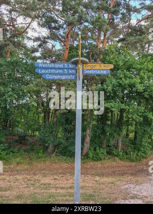 Un panneau indique les différentes directions vers Zingst et vers les sites touristiques de la station balnéaire de Prerow, Fischland Darsß, Mecklembourg-Poméranie occidentale, Allemagne Banque D'Images