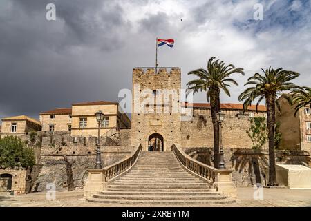 Land Gate Revelin Tower, porte de la ville à Korcula, Croatie, Europe Banque D'Images