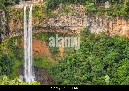 La cascade de Chamarel mesure 80 m de haut et plonge dans une gorge, vue sur la nature tropicale et le paysage de la double cascade dans le parc national de la rivière Noire sur l'île Maurice Banque D'Images