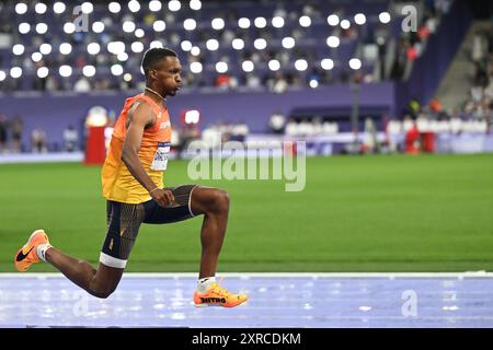 Saint Denis, France. 09 août 2024. Jeux olympiques, Paris 2024, athlétisme, stade de France, triple saut, hommes, finale, Jordan Alejandro Diaz Fortun d'Espagne en action. Crédit : Sven Hoppe/dpa/Alamy Live News Banque D'Images