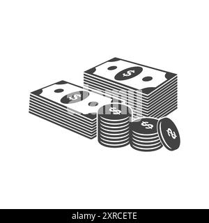 Les billets de banque empilent des icônes dollar et pièces centimes. Silhouette de billet de monnaie. Les éléments de conception vectorielle s'isolent Illustration de Vecteur