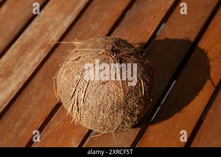 Gros plan de noix de coco brune entière sur une table en bois au soleil Banque D'Images