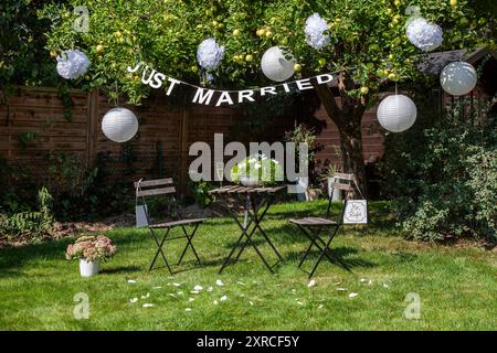 Une guirlande avec l'inscription Just Married est suspendue à un pommier avec des pommes vertes dans le jardin, un panneau avec l'inscription Mr. Right est suspendu à Banque D'Images