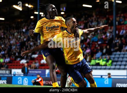 Curtis Nelson (à droite), du comté de Derby, célèbre avoir marqué le premier but de son équipe avec son coéquipier David Ozoh lors du Sky Bet Championship match à Ewood Park, Blackburn. Date de la photo : vendredi 9 août 2024. Banque D'Images