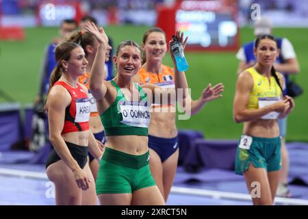 PARIS, FRANCE. 9 août 2024. Kate O'Connor de Team Ireland réagit après avoir participé à l'Heptathlon féminin du 800m au quatorzième jour des Jeux Olympiques de Paris 2024 au stade de France, Paris, France. Crédit : Craig Mercer/Alamy Live News Banque D'Images