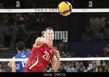 David Smith (USA), Volleyball, match pour la médaille de bronze masculin's entre l'Italie et les Etats-Unis lors des Jeux Olympiques de Paris 2024 le 9 août 2024 au South Paris Arena à Paris, France Banque D'Images