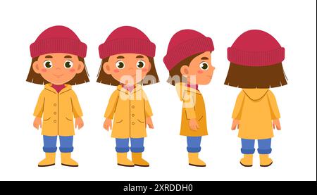 Constructeur de fille d'automne. Écolière en imperméable jaune et chapeau rouge. Kit pour la création d'animations. Pack de personnage dans différentes poses. Vecteur plat Illustration de Vecteur