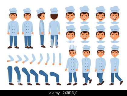 Chef constructeur masculin. Cuisinez en chapeau dans différentes poses. Pack de têtes, jambes et mains pour créer des animations. Profession de traiteur. Vecteur plat Illustration de Vecteur