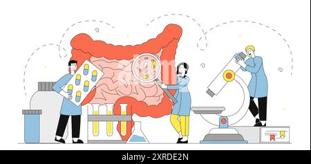 Médecins avec intestin. Homme et femme en uniforme médical au microscope étudiant les intestins. La recherche médicale en laboratoire. Diagnostic et traitement Illustration de Vecteur