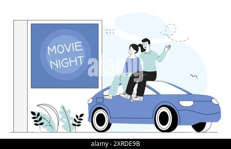 Cinéma en plein air. Homme et femme assis sur la voiture bleue et regardant des films et des séries télé. Loisirs et loisirs en plein air. Rendez-vous romantique. Vecteur linéaire Illustration de Vecteur