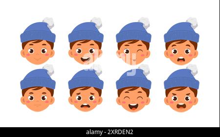 Winter Boy constructeur. Écolier en chapeau bleu avec différentes émotions et sentiments. Kit de personnalisation. Pack de têtes et de visages. Vecteur plat Illustration de Vecteur