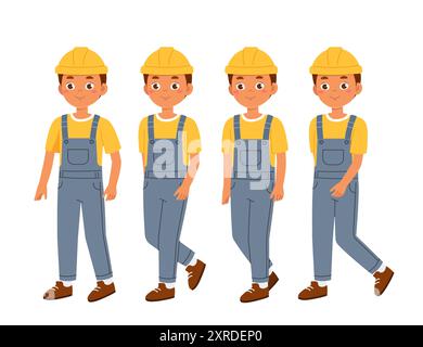 Ouvrier constructeur masculin. Homme en casque protecteur. Kit pour personnalisations. Pack de personnage dans différentes poses. Ingénieur et architecte. Vecteur plat Illustration de Vecteur