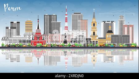 Perm Russie ville skyline avec des bâtiments de couleur, ciel bleu et reflets. Illustration vectorielle. Perm paysage urbain avec des points de repère. Illustration de Vecteur