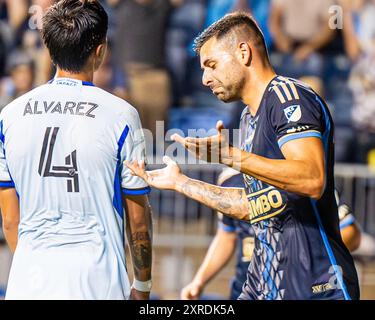 Chester, PA États-Unis 9th, août, 2024 - Tai Baribo - attaquant / attaquant de Philadelphia Union #28 - célèbre son premier but avec le milieu de terrain #10 Daniel Gazdag lors d'une défaite 2-0 du FC Montréal lors de l'action de la Coupe des ligues. Crédit photo : Don Mennig / Alamy News Banque D'Images