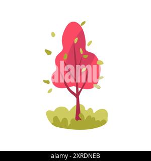 Icône d'arbre dessinée à la main. Design simple avec des couleurs framboise et herbe verte. Illustration vectorielle plate. Propre et décoratif. Illustration de Vecteur