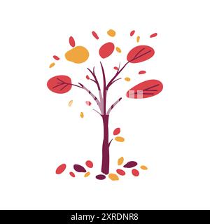 Arbre folklorique dessiné à la main avec des feuilles d'automne en rouge et jaune. Illustration vectorielle plate. Style simple. Illustration de Vecteur