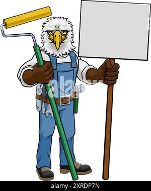 Eagle Painter Decorator Paint Roller Mascot Man Illustration de Vecteur