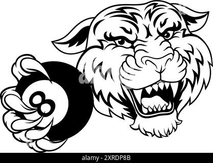 Tiger Angry Pool 8 ball billard mascotte dessin animé Illustration de Vecteur