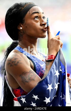 Sha'carri Richardson, des États-Unis d'Amérique, réagit après avoir participé à la finale du relais 4 x 100 m féminin lors des Jeux Olympiques de Paris 2024 au stade de France à Paris (France), le 9 août 2024. L'équipe des États-Unis s'est classée première en remportant la médaille d'or. Banque D'Images