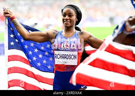 Sha'carri Richardson, des États-Unis d'Amérique, réagit après avoir participé à la finale du relais 4 x 100 m féminin lors des Jeux Olympiques de Paris 2024 au stade de France à Paris (France), le 9 août 2024. L'équipe des États-Unis s'est classée première en remportant la médaille d'or. Banque D'Images