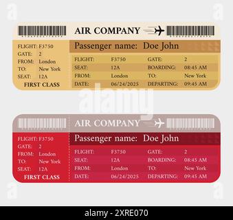 Billet d'avion avec carte d'embarquement avec texte modifiable et code-barres. Billet d'avion avec heure d'embarquement et de départ. Illustration de Vecteur