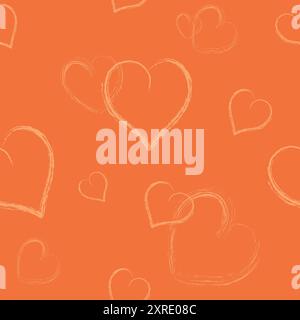 Modèle sans couture avec des coeurs dessinés à la main. Motif sans fin avec des coeurs sur un fond orange. Répéter le motif pour l'impression Illustration de Vecteur