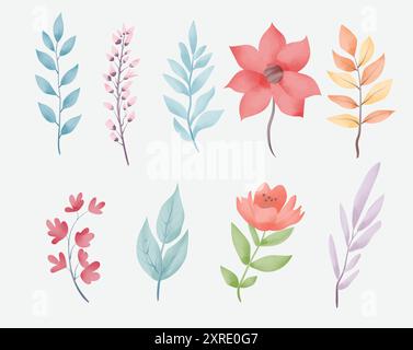 Aquarelle fleurs et feuilles. Ensemble de fleurs et de branches d'aquarelle. Éléments de nature aquarelle Illustration de Vecteur