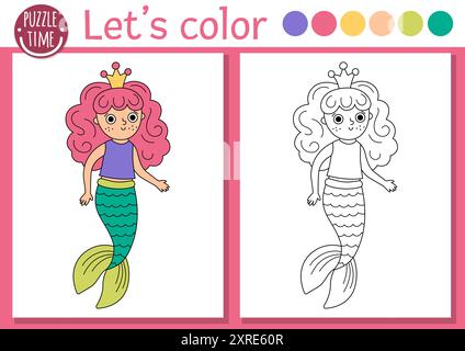 Page de coloriage Sirène pour les enfants avec princesse marine mignonne. Illustration vectorielle de contour de Royaume océanique. Livre de couleur pour les enfants avec exemple coloré. Underw Illustration de Vecteur