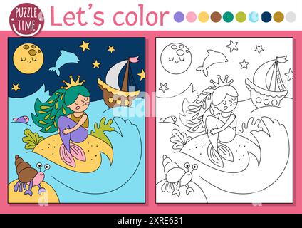 Page à colorier Sirène pour les enfants avec princesse de mer, bateau, ciel nocturne. Illustration vectorielle de contour avec scène de Royaume de l'océan. Livre de couleurs pour les enfants. UEDN Illustration de Vecteur