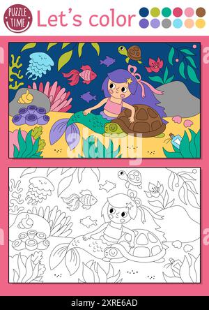 Page à colorier Sirène pour les enfants avec princesse de mer et tortue. Illustration vectorielle de contour avec scène de Royaume de l'océan. Livre de couleurs pour les enfants. Sous l'eau Illustration de Vecteur