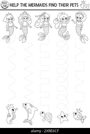 Feuille de travail de pratique d'écriture manuscrite de sirène vectorielle. Ocean Kingdom imprimable activité noir et blanc pour les enfants d'âge préscolaire. Jeu de traçage pour l'écriture Illustration de Vecteur
