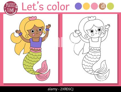 Page de coloriage Sirène pour les enfants avec princesse marine mignonne. Illustration vectorielle de contour de Royaume océanique. Livre de couleur pour les enfants avec exemple coloré. Underw Illustration de Vecteur