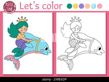 Page de coloriage Sirène pour les enfants avec princesse marine mignonne. Illustration vectorielle de contour de Royaume océanique. Livre de couleur pour les enfants avec exemple coloré. Underw Illustration de Vecteur