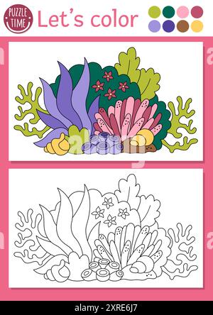 Page de coloriage Sirène pour les enfants avec des algues mignonnes. Illustration vectorielle de contour de Royaume océanique. Livre de couleur pour les enfants avec exemple coloré. Sous l'eau Illustration de Vecteur