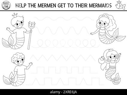 Feuille de travail de pratique d'écriture manuscrite de sirène vectorielle. Ocean Kingdom imprimable activité noir et blanc pour les enfants d'âge préscolaire. Jeu de traçage pour l'écriture Illustration de Vecteur