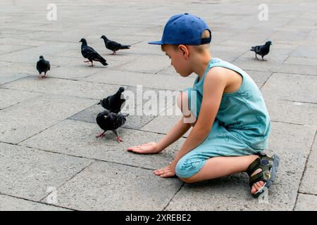 Un petit garçon nourrit des pigeons de sa main dans une rue de la ville Banque D'Images