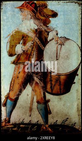 Batteur de l'armée de Dashing de la guerre civile anglaise. Musicien militaire royaliste ou cavalier représenté dans un vitrail de l'église paroissiale de St Chad à Farndon, Cheshire, Angleterre. La fenêtre a été commandée en 1662 pour commémorer le siège de Chester en 1645 et la défense royaliste de la ville. Banque D'Images