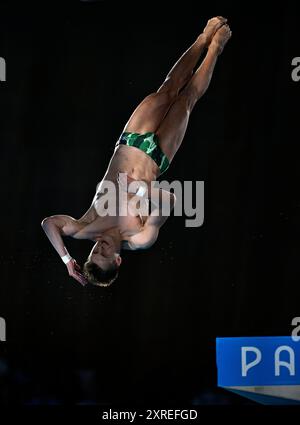 Saint Denis. 10 août 2024. L'ukrainien Oleksii Sereda participe à la demi-finale masculine de plongeon sur 10 m aux Jeux Olympiques de Paris 2024 à Saint-Denis, France, le 10 août 2024. Crédit : Wang Peng/Xinhua/Alamy Live News Banque D'Images