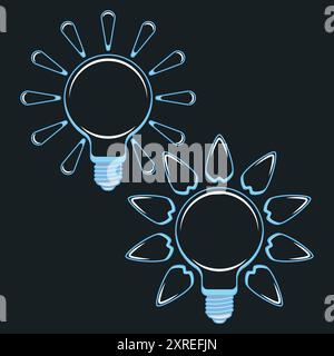 Ensemble d'illustrations en couleur avec ampoules, rayons et feuilles, énergie verte, solaire. Objets vectoriels isolés sur fond noir. Illustration de Vecteur