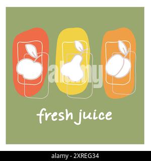 Autocollants écologiques colorés avec des illustrations de jus frais avec des fruits sur un fond pastel Illustration de Vecteur